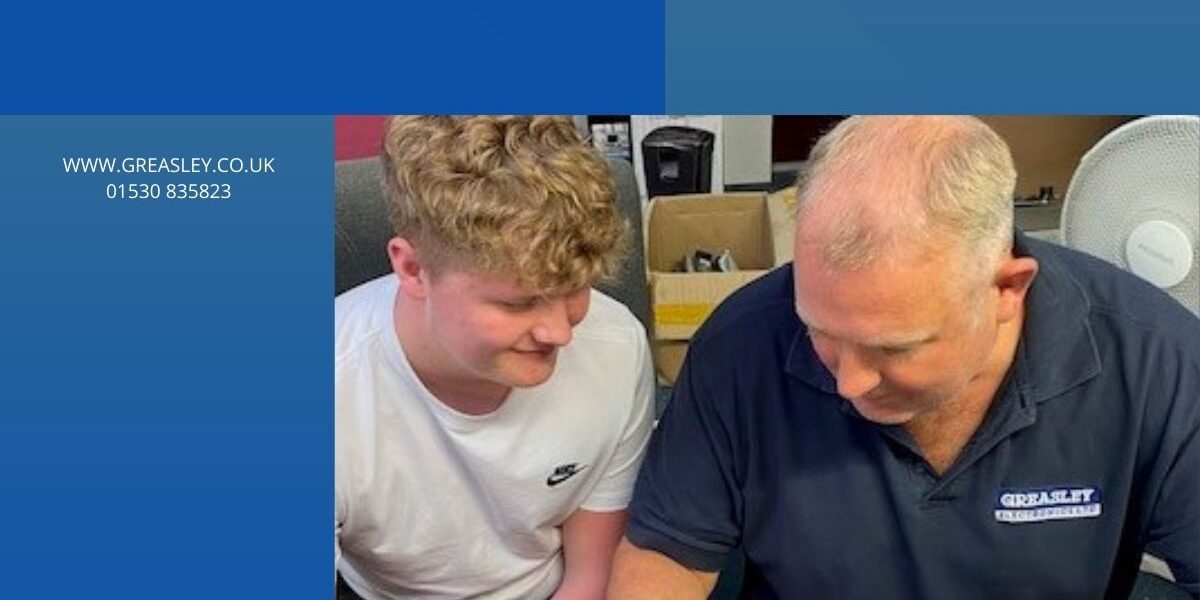 Liam learning from Guy’s expertise Supporting Stephensons College in Coalville, pcb repair at Greasley Electronics