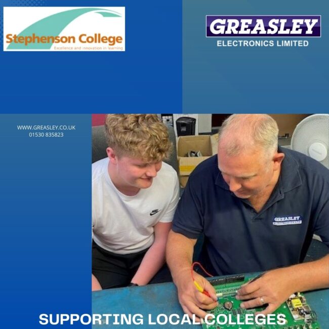 Liam learning from Guy’s expertise Supporting Stephensons College in Coalville, pcb repair at Greasley Electronics